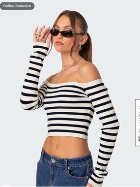 Edikted Navy & White Striped Off-Shoulder Top